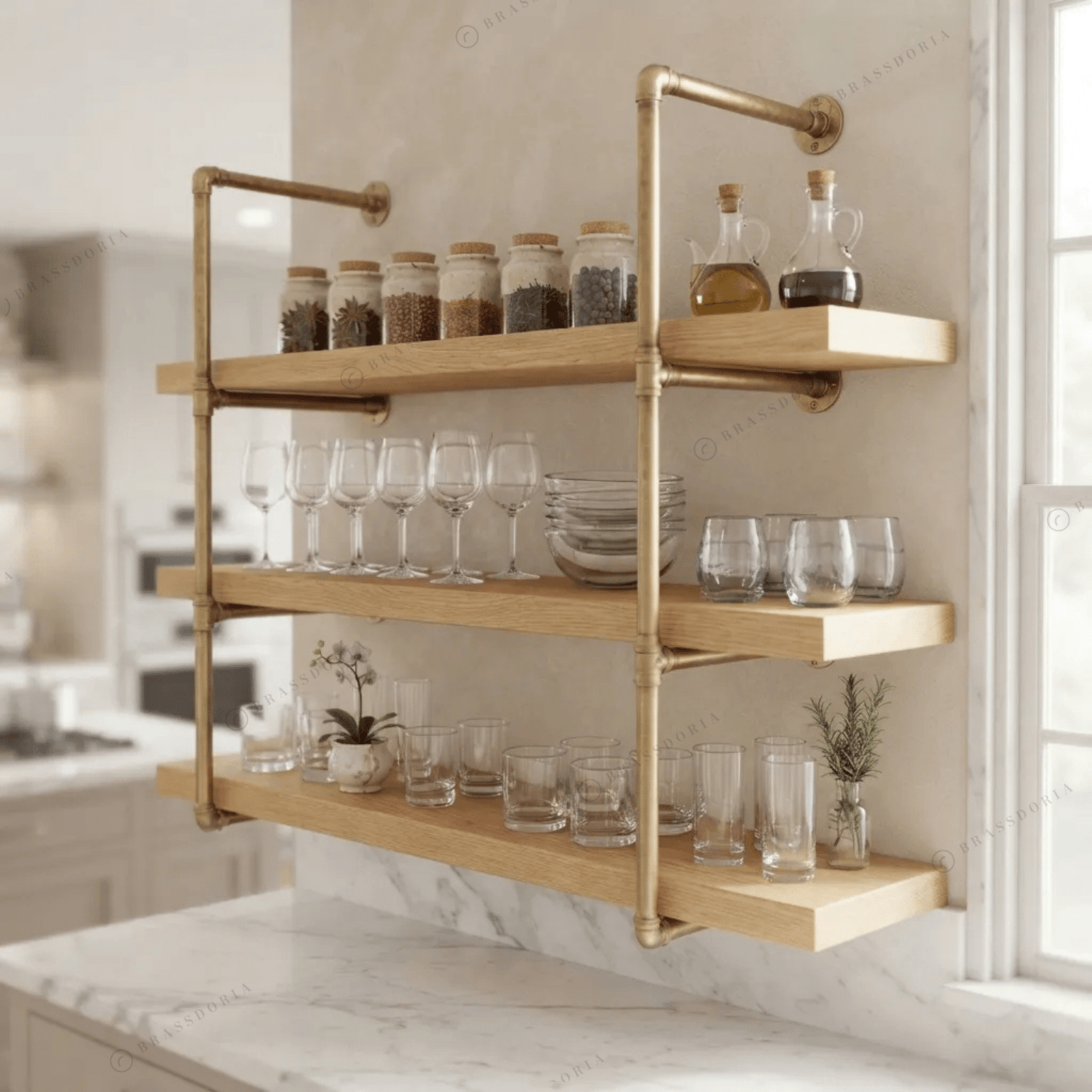 Solid Brass Pipe Shelving Unit – Wall-Mounted Frame, 2 to 6 Tiers - BRASSDORIA