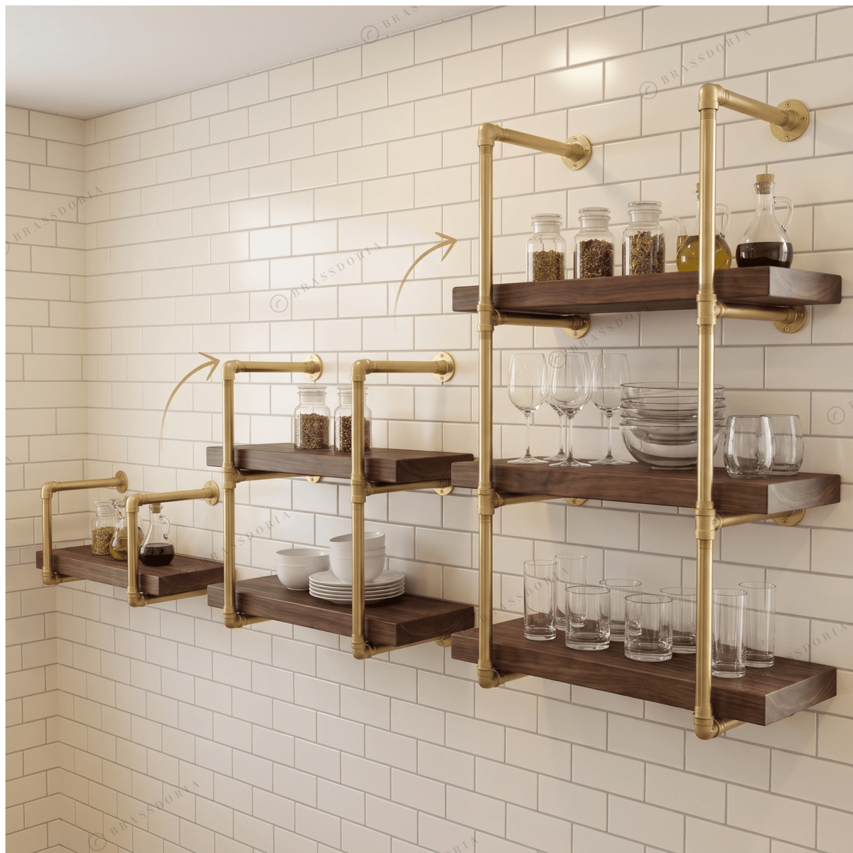 Solid Brass Pipe Shelving Unit – Wall-Mounted Frame, 2 to 6 Tiers - BRASSDORIA