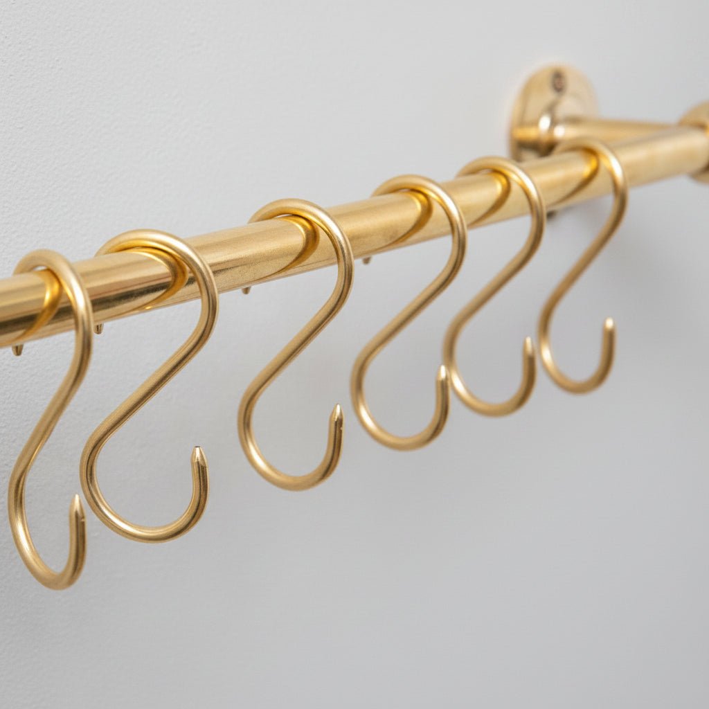 Solid Brass Pot Rail With Hooks, Unlacquered Brass Kitchen Pot Rack, Pot Hangers - BRASSDORIA