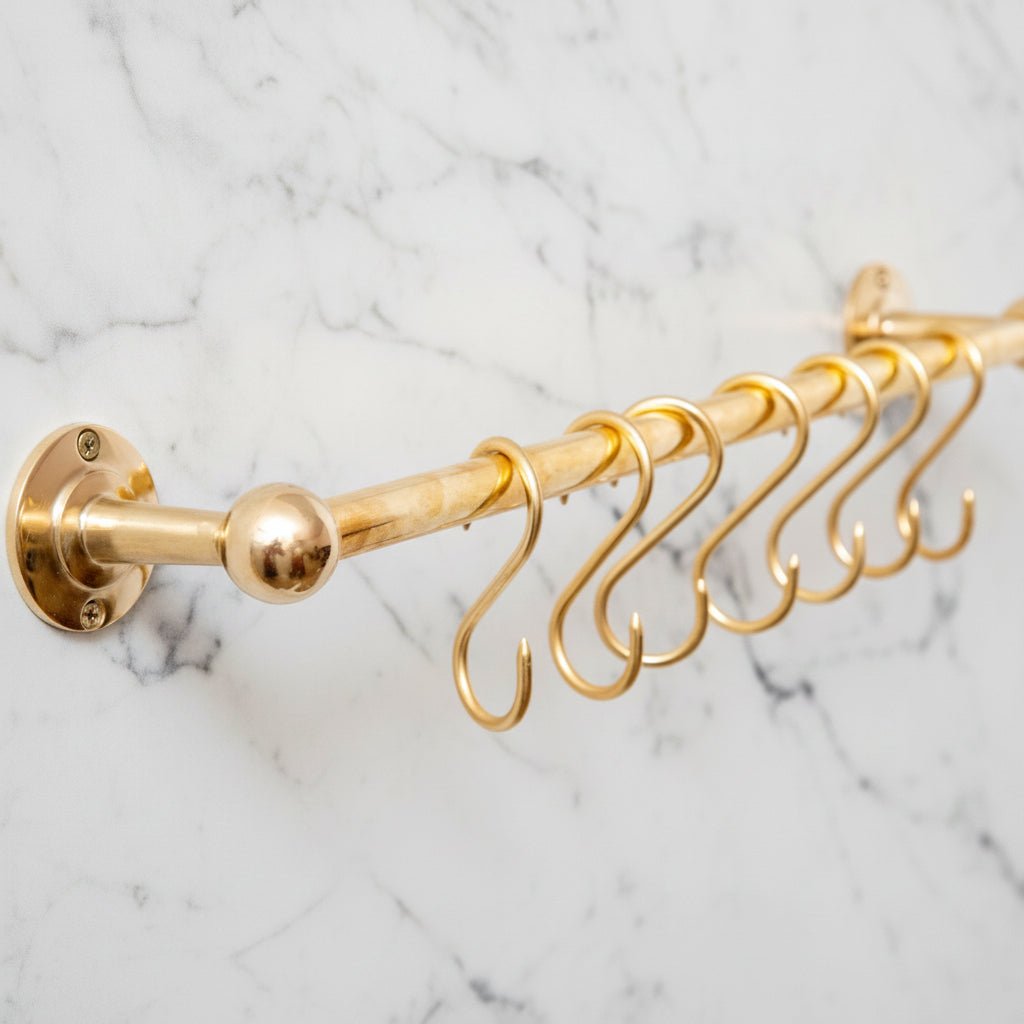 Solid Brass Pot Rail With Hooks, Unlacquered Brass Kitchen Pot Rack, Pot Hangers - BRASSDORIA