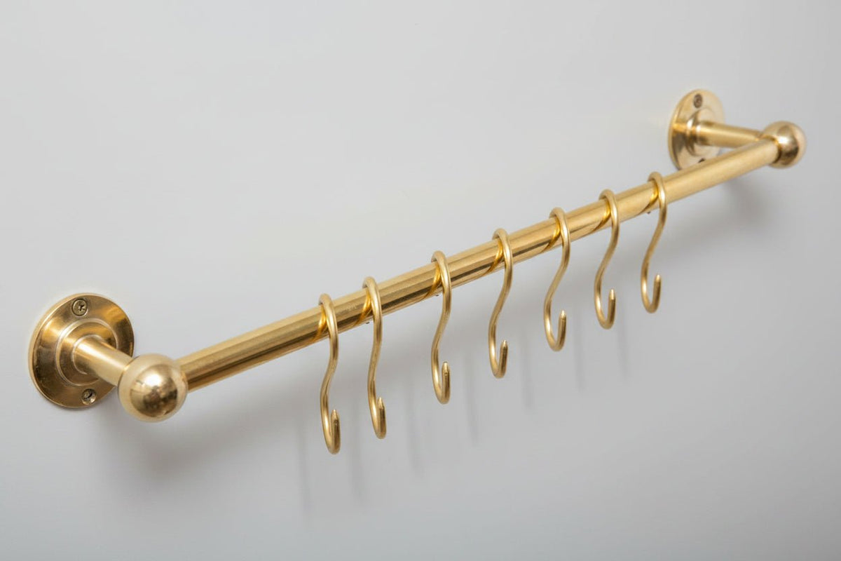 Solid Brass Pot Rail With Hooks, Unlacquered Brass Kitchen Pot Rack, Pot Hangers - BRASSDORIA