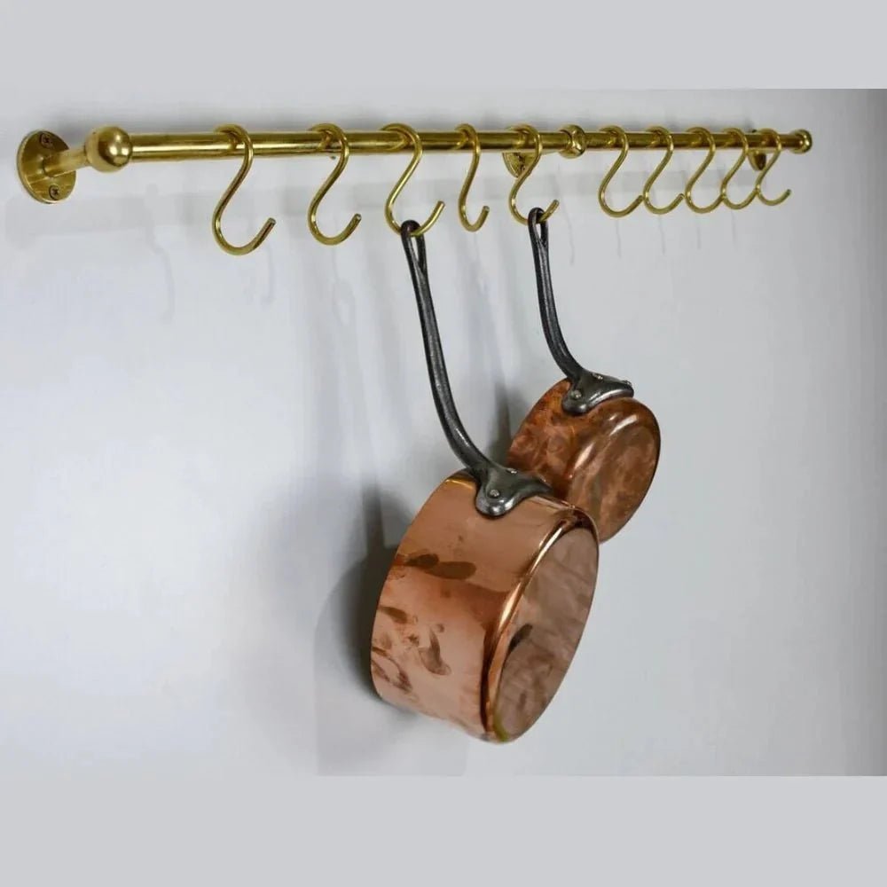 Solid Brass Pot Rail With Hooks, Unlacquered Brass Kitchen Pot Rack, Pot Hangers - BRASSDORIA
