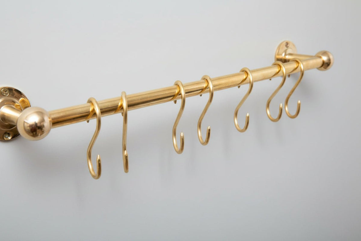 Solid Brass Pot Rail With Hooks, Unlacquered Brass Kitchen Pot Rack, Pot Hangers - BRASSDORIA
