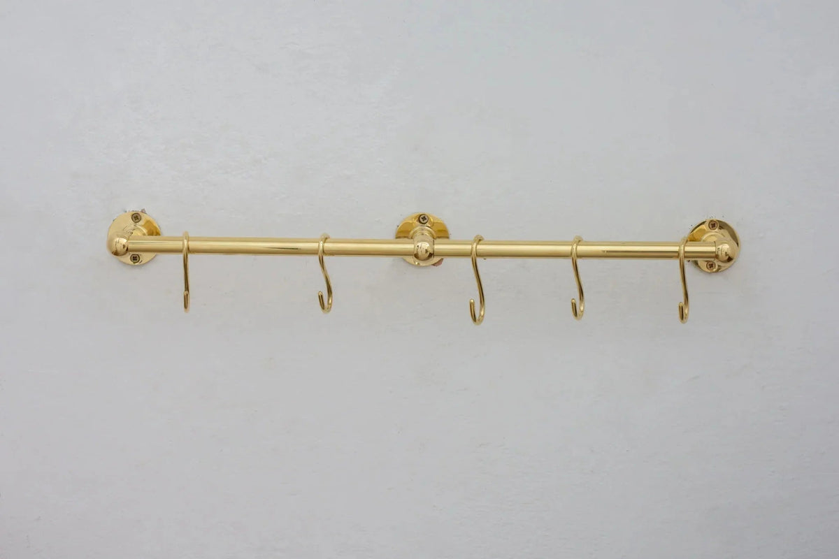Solid Brass Pot Rail With Hooks, Unlacquered Brass Kitchen Pot Rack, Pot Hangers - BRASSDORIA