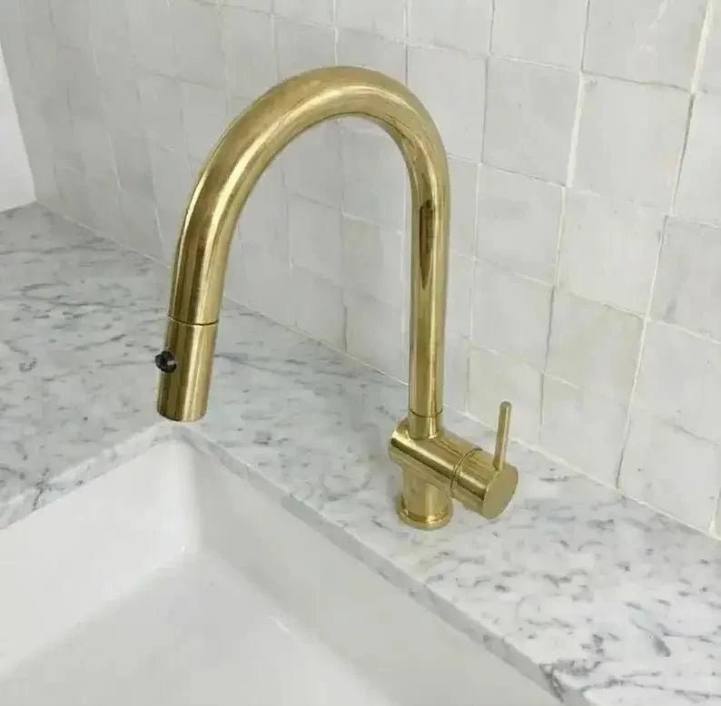 Solid Brass Pull Down Kitchen Faucet, Single Hole Kitchen Faucet - BRASSDORIA