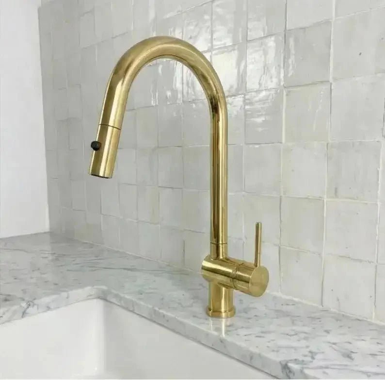 Solid Brass Pull Down Kitchen Faucet, Single Hole Kitchen Faucet - BRASSDORIA