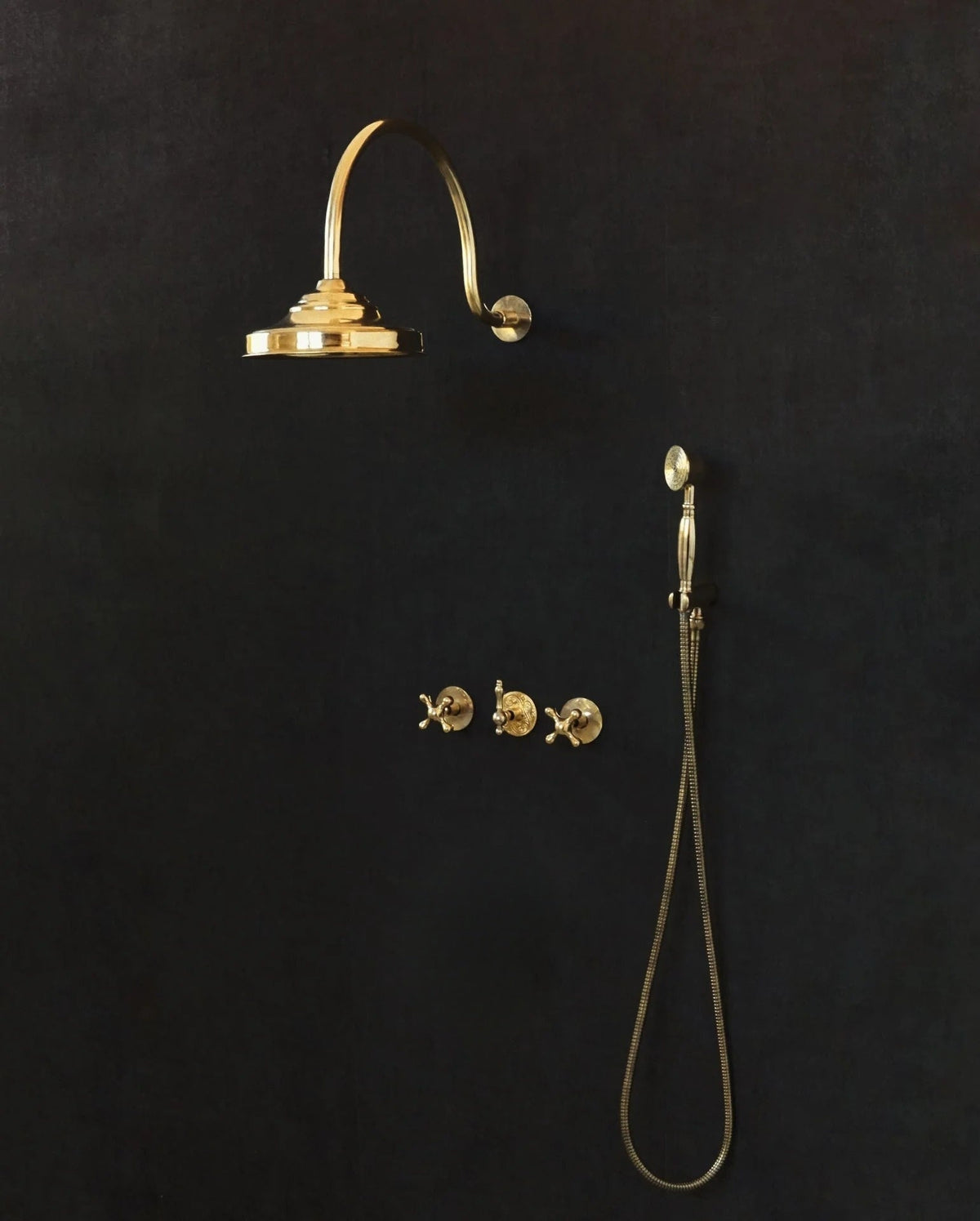 Solid Brass Rainfall Shower, Unlacquered Brass 2 outlet Shower Set - BRASSDORIA