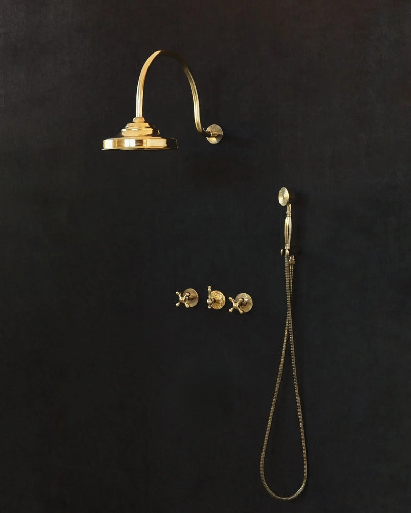 Solid Brass Rainfall Shower, Unlacquered Brass 2 outlet Shower Set - BRASSDORIA