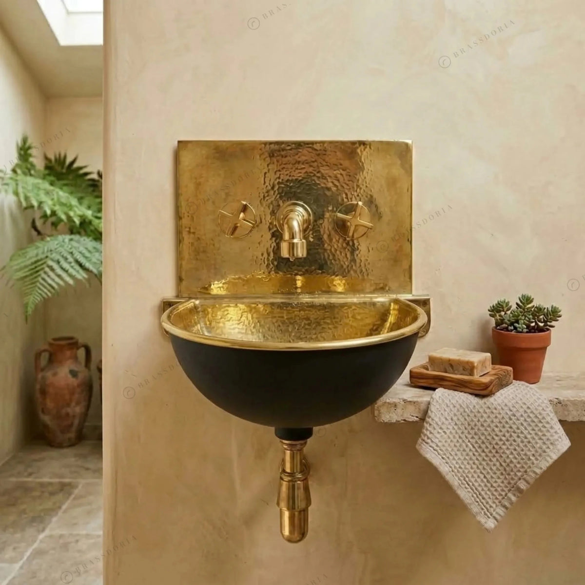 Solid Brass Wall Mount Sink with Brass Mixer Faucet – Black & Gold Wall-Hung Basin - BRASSDORIA