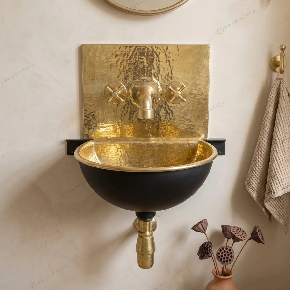 Solid Brass Wall Mount Sink with Brass Mixer Faucet – Black & Gold Wall-Hung Basin - BRASSDORIA