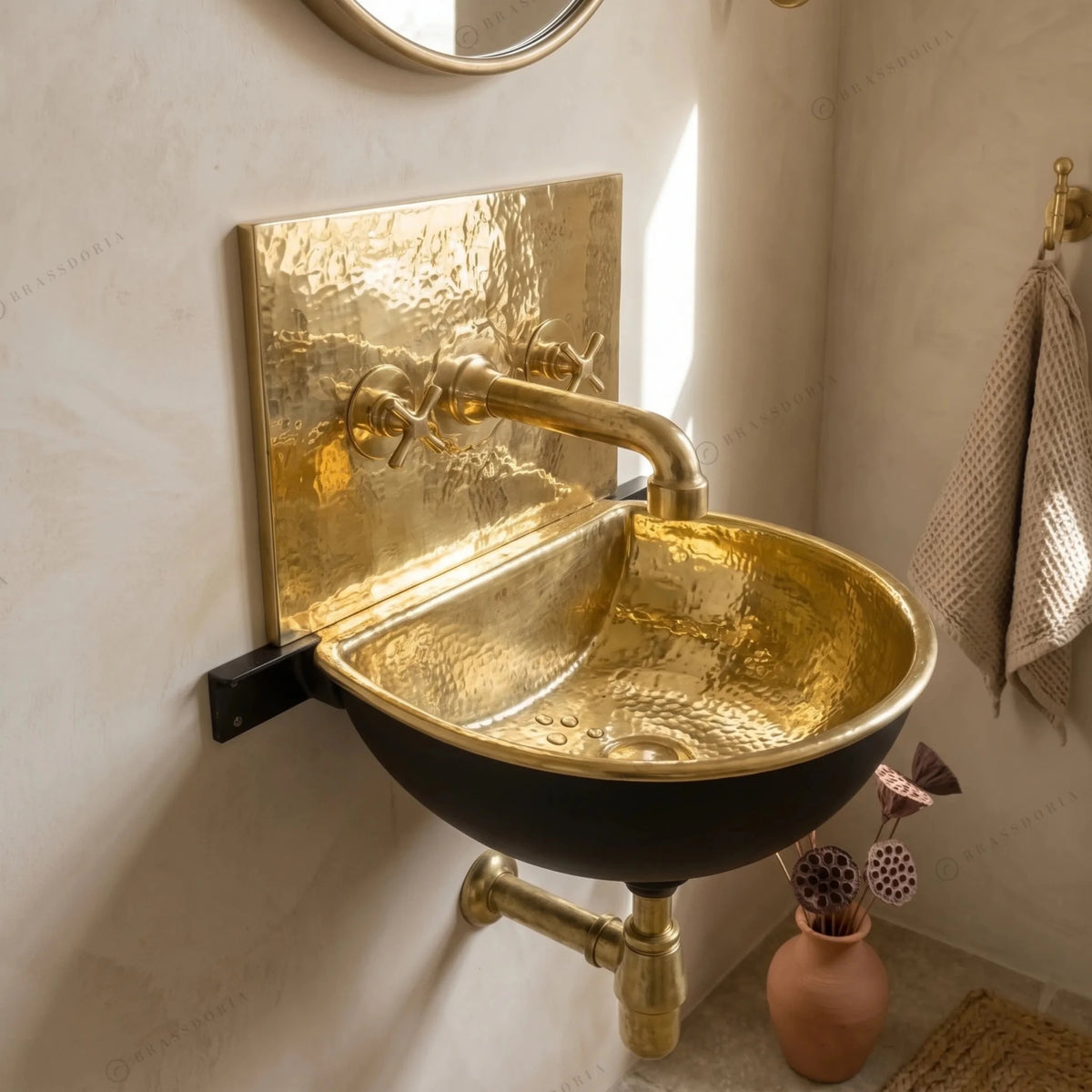 Solid Brass Wall Mount Sink with Brass Mixer Faucet – Black & Gold Wall-Hung Basin - BRASSDORIA