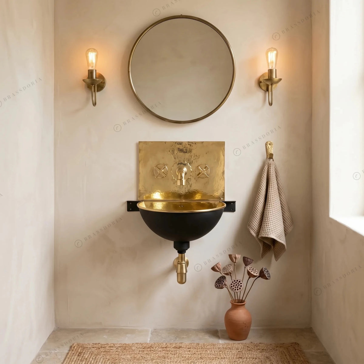 Solid Brass Wall Mount Sink with Brass Mixer Faucet – Black & Gold Wall-Hung Basin - BRASSDORIA