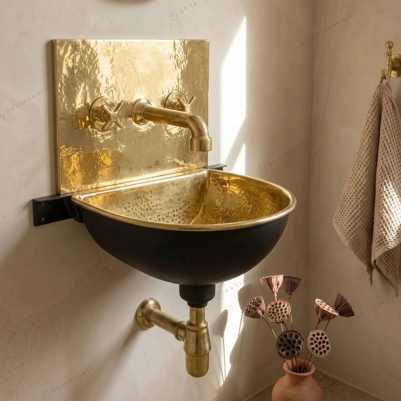 Solid Brass Wall Mount Sink with Brass Mixer Faucet – Black & Gold Wall-Hung Basin - BRASSDORIA