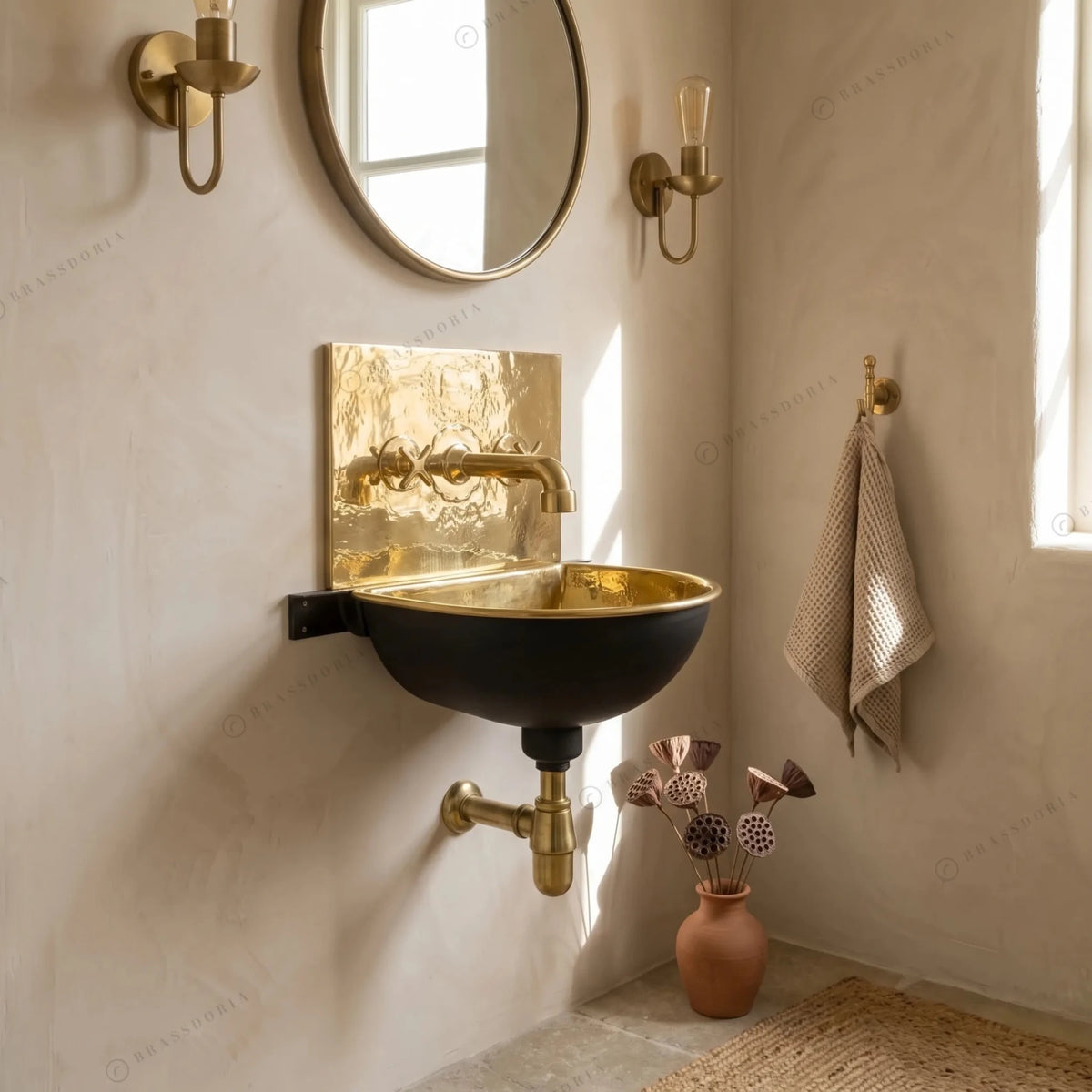 Solid Brass Wall Mount Sink with Brass Mixer Faucet – Black & Gold Wall-Hung Basin - BRASSDORIA