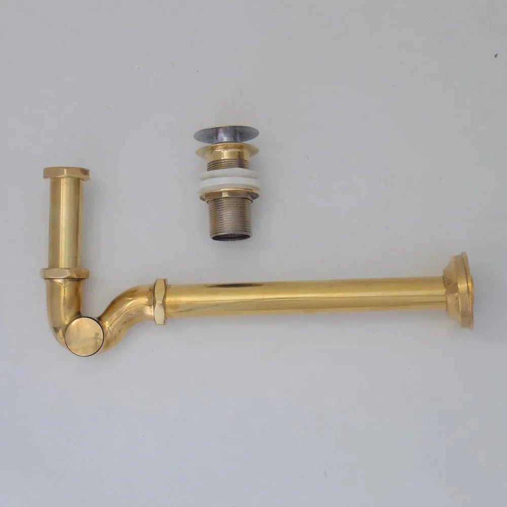 Solid Unlacquered Brass S-trap and Sink Stopper, Push Up Button, Pop Up Drain, Brass Water Trap - BRASSDORIA