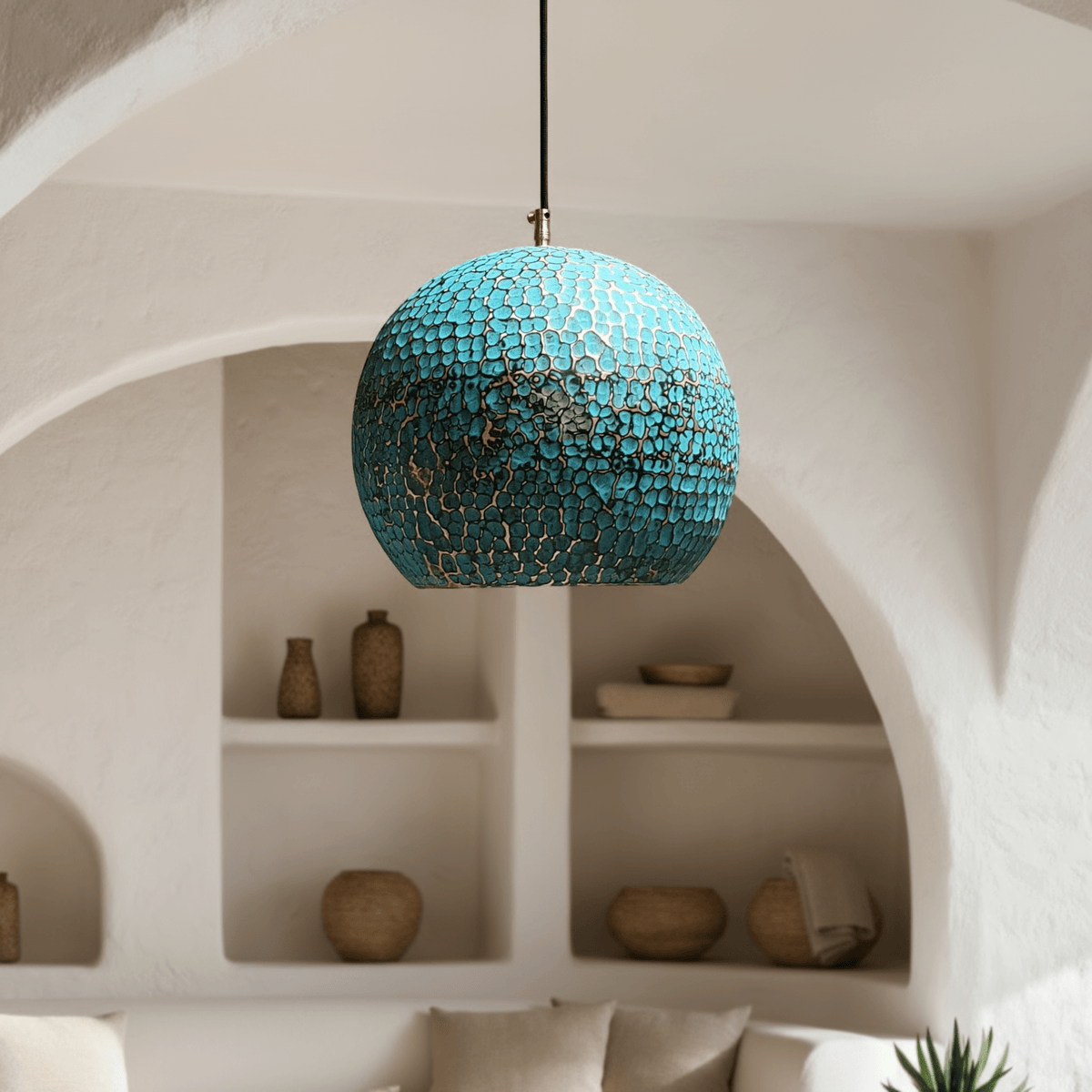 Turquoise Patina Brass Pendant – Dome Ceiling Light for Rustic Interiors - BRASSDORIA