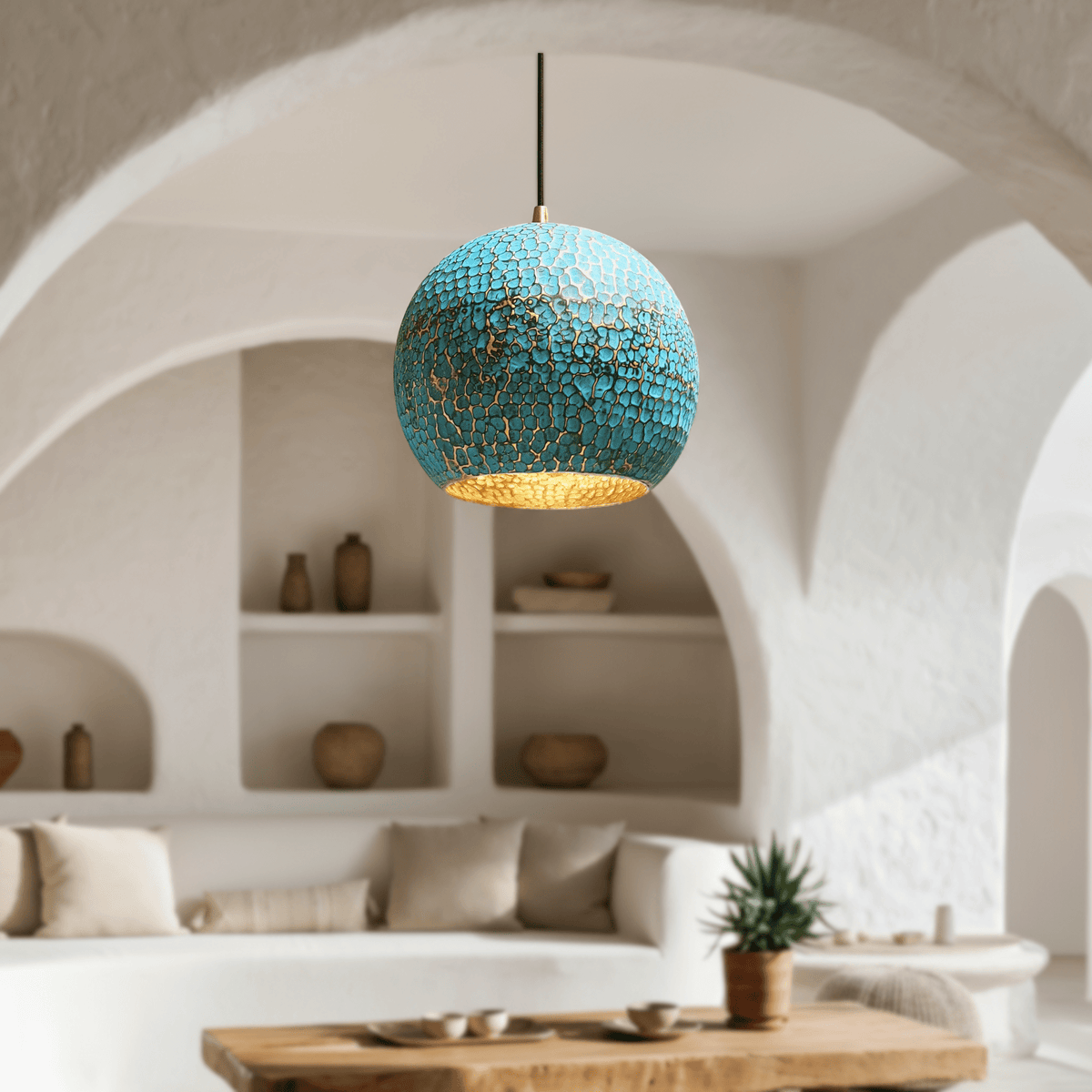 Turquoise Patina Brass Pendant – Dome Ceiling Light for Rustic Interiors - BRASSDORIA