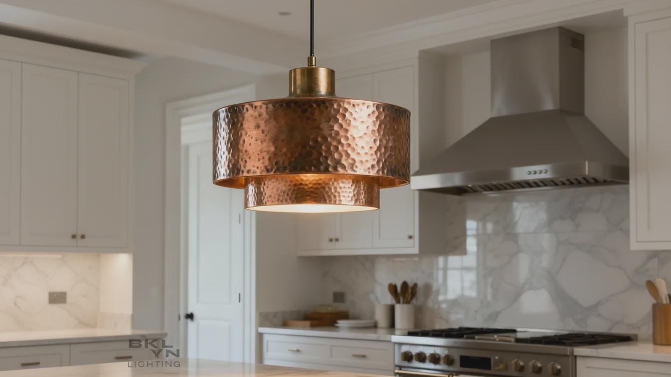 Two-Tier Hammered Copper Drum Pendant Light – Dark Patina & Brass - BRASSDORIA