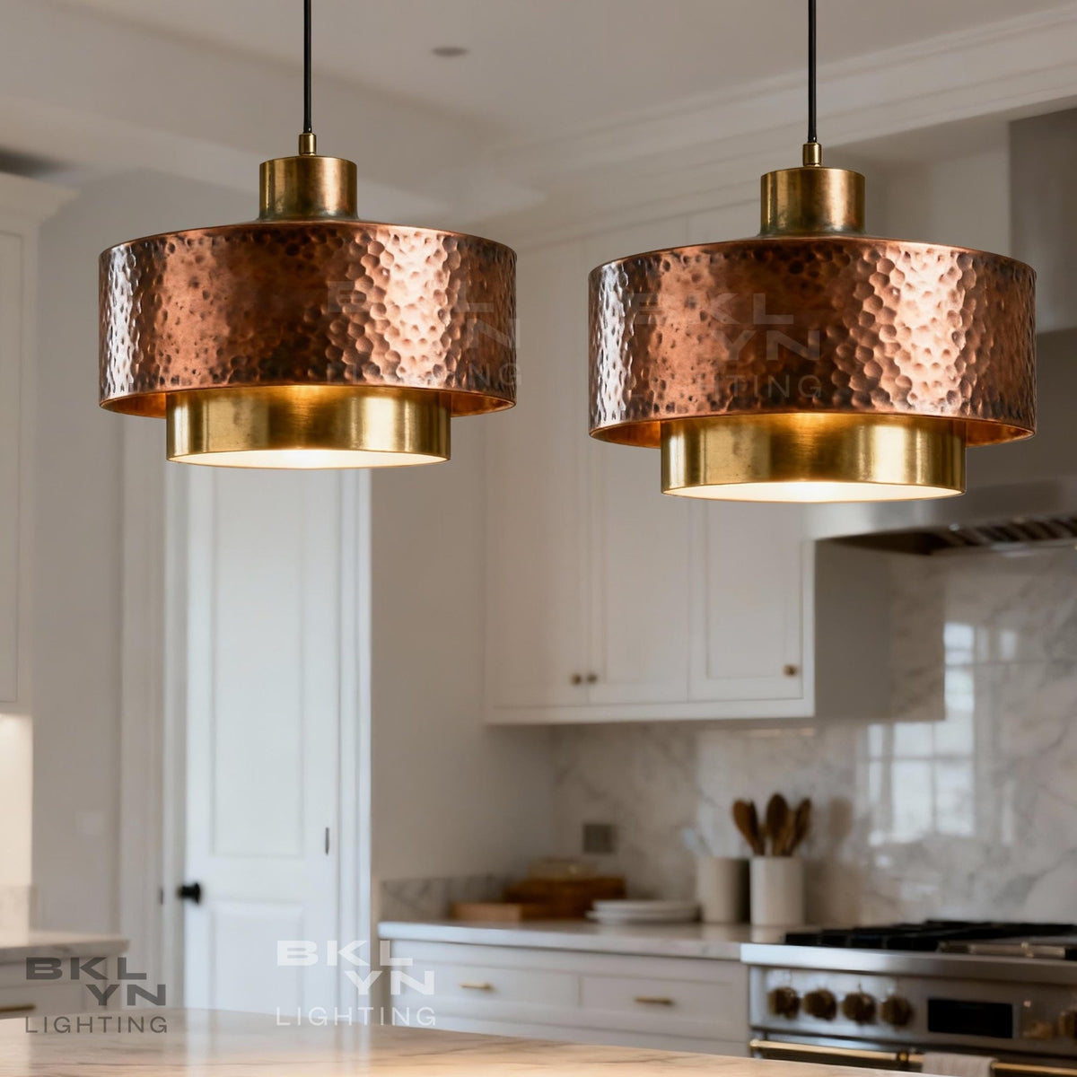 Two-Tier Hammered Copper Drum Pendant Light – Dark Patina & Brass - BRASSDORIA