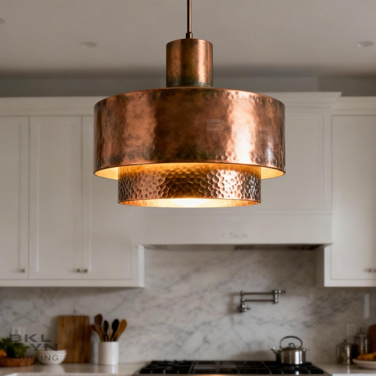 Two-Tier Hammered Copper Drum Pendant Light – Dark Patina & Brass - BRASSDORIA