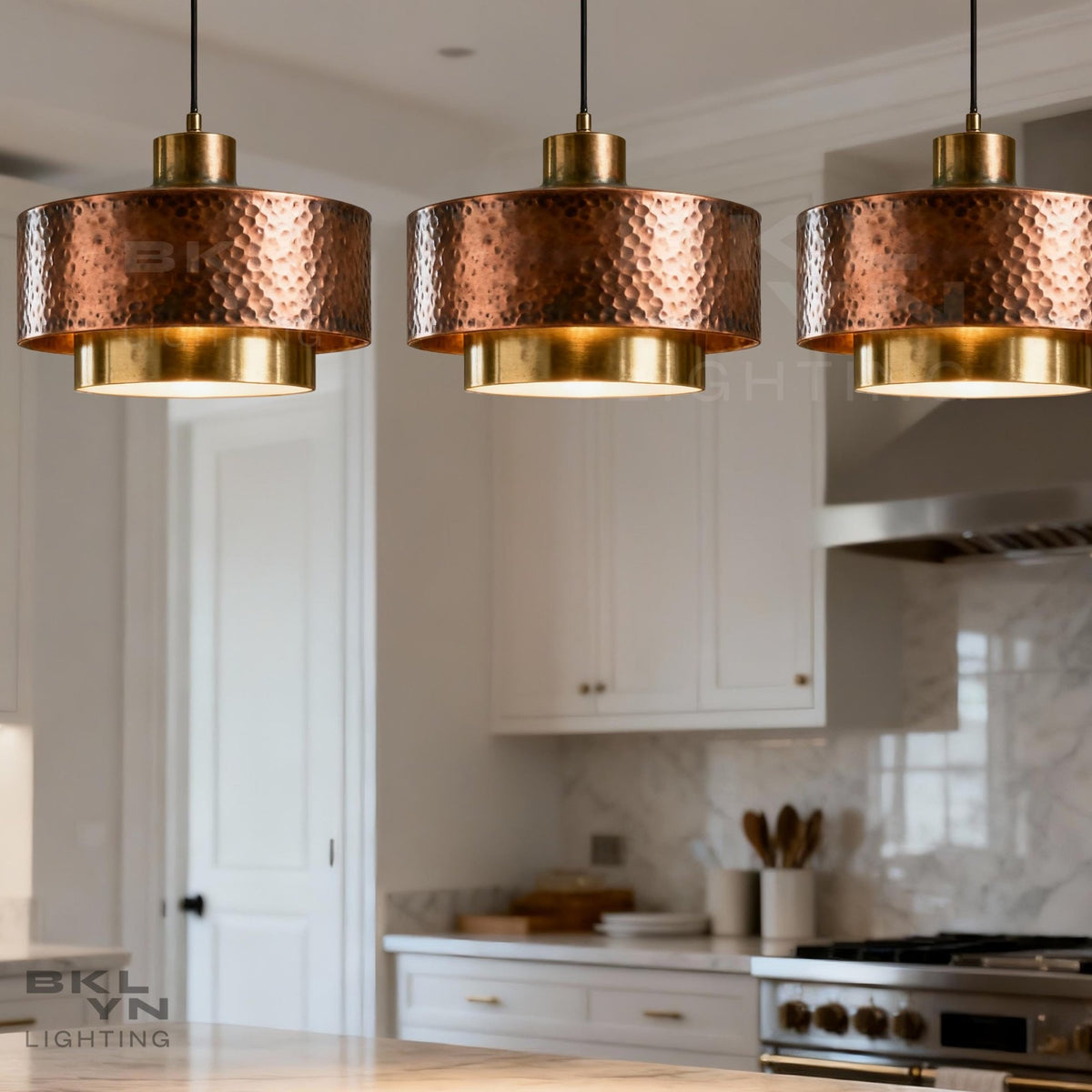Two-Tier Hammered Copper Drum Pendant Light – Dark Patina & Brass - BRASSDORIA