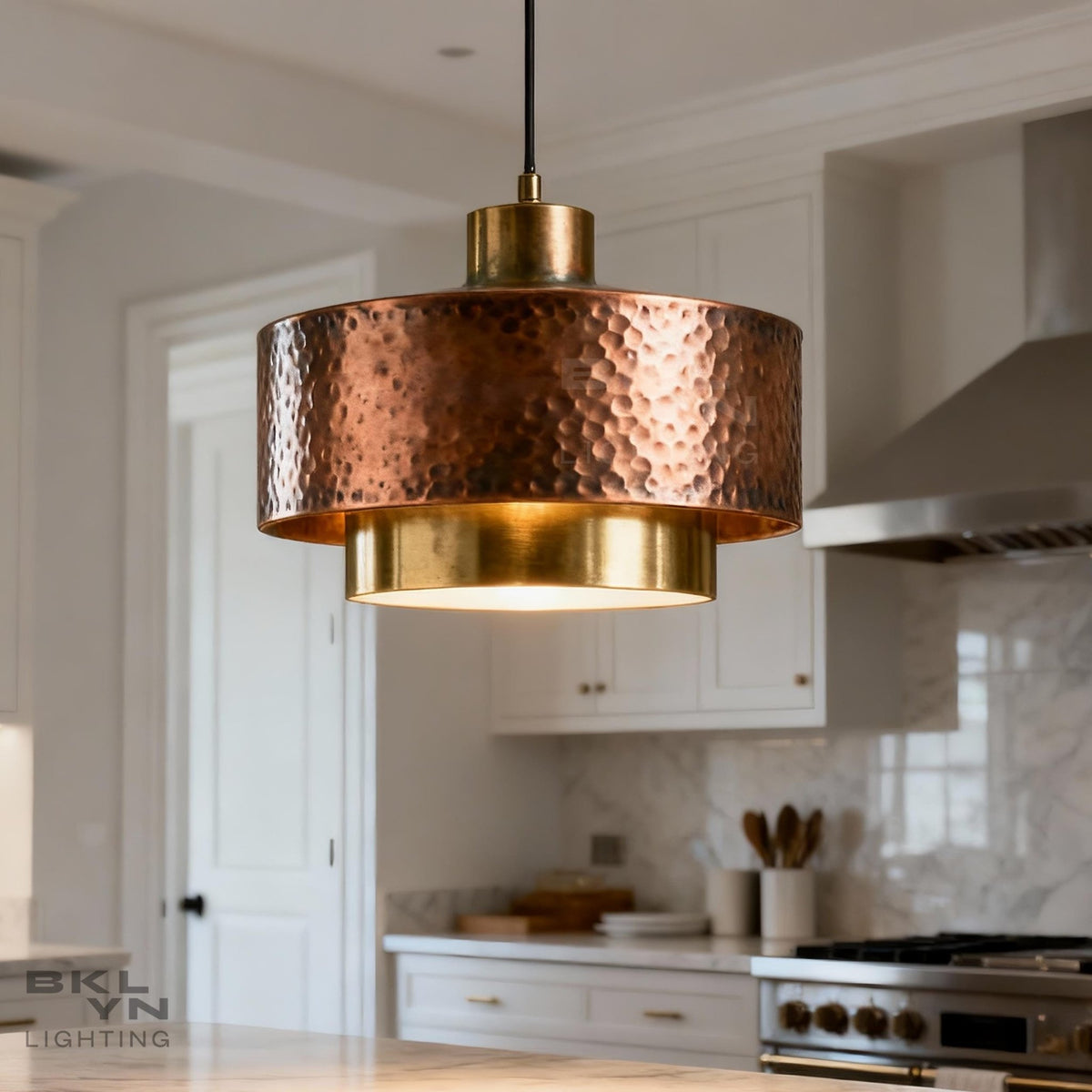 Two-Tier Hammered Copper Drum Pendant Light – Dark Patina & Brass - BRASSDORIA