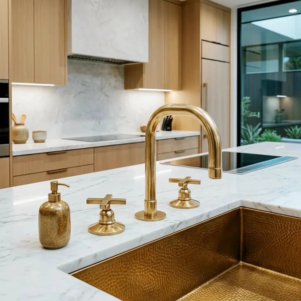 Unlacquered Brass 3 Holes Widespread Faucet - Deck Mount Brass Bathroom Tap - BRASSDORIA