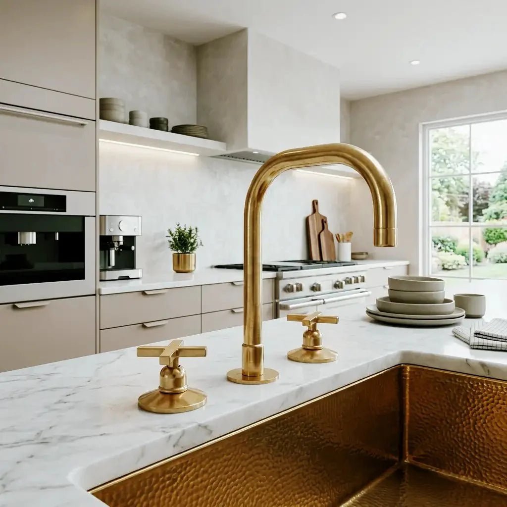 Unlacquered Brass 3 Holes Widespread Faucet - Deck Mount Brass Bathroom Tap - BRASSDORIA
