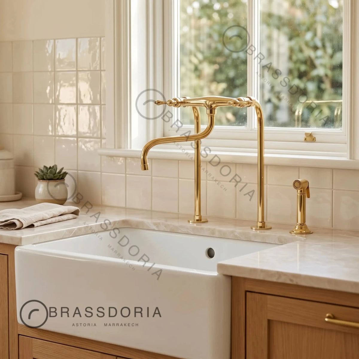 Unlacquered Brass Antique Kitchen Faucet – Lever Handles & Long Legs - BRASSDORIA
