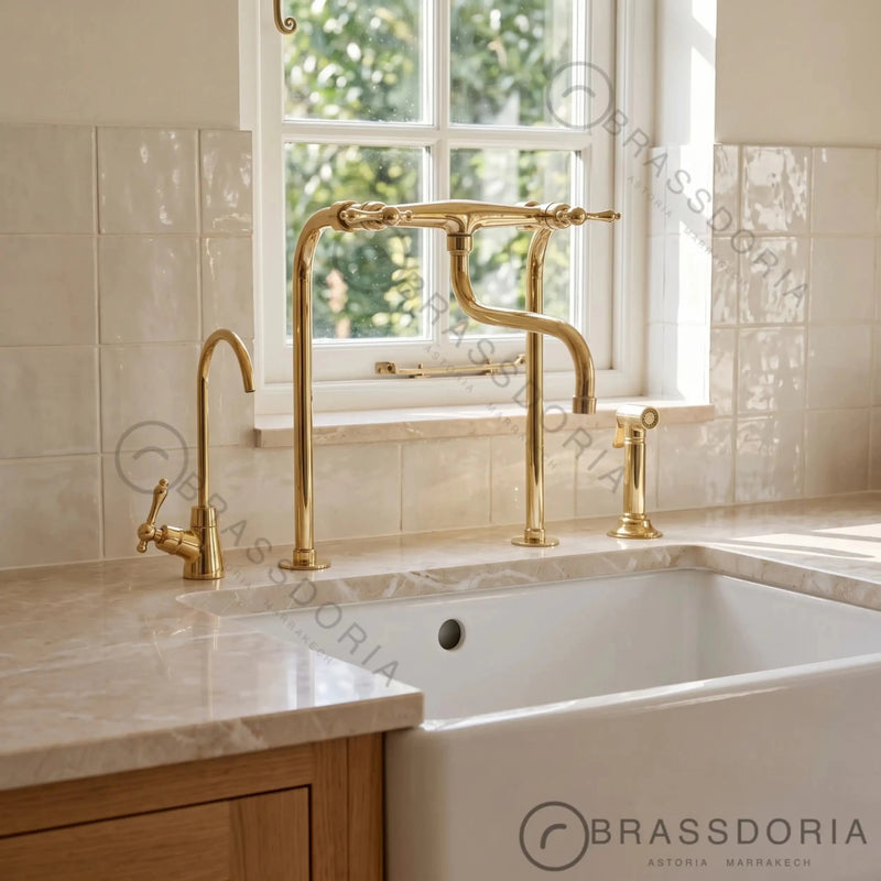 Unlacquered Brass Antique Kitchen Faucet – Lever Handles & Long Legs - BRASSDORIA