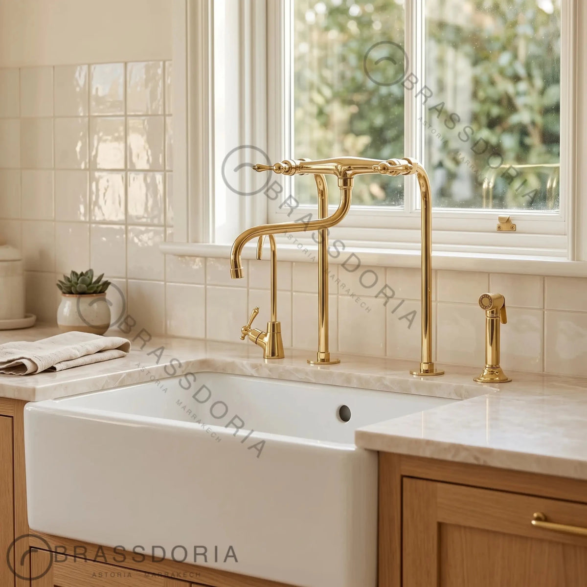 Unlacquered Brass Antique Kitchen Faucet – Lever Handles & Long Legs - BRASSDORIA