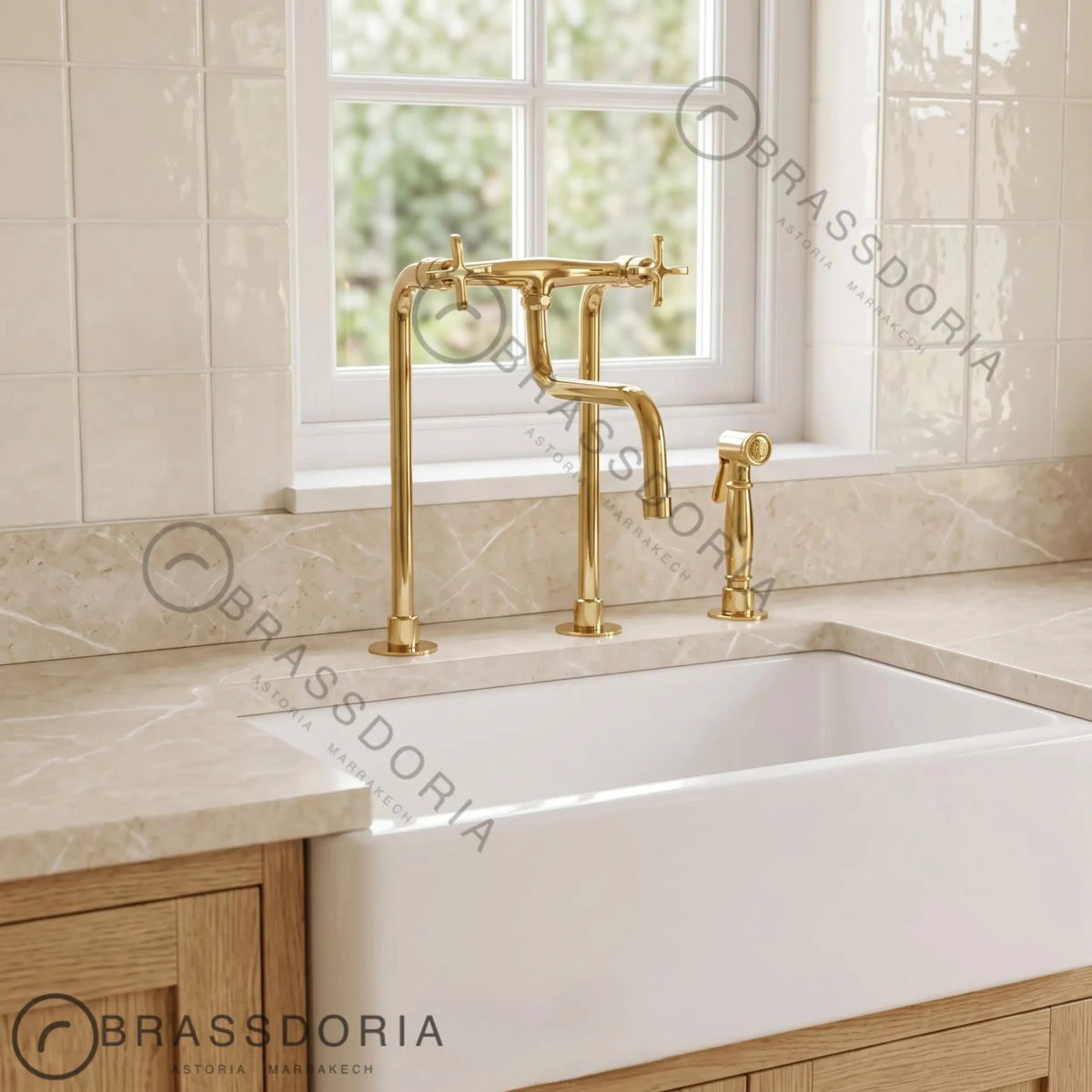 Unlacquered Brass Antique Kitchen Faucet with Long Legs & Cross Handles - BRASSDORIA
