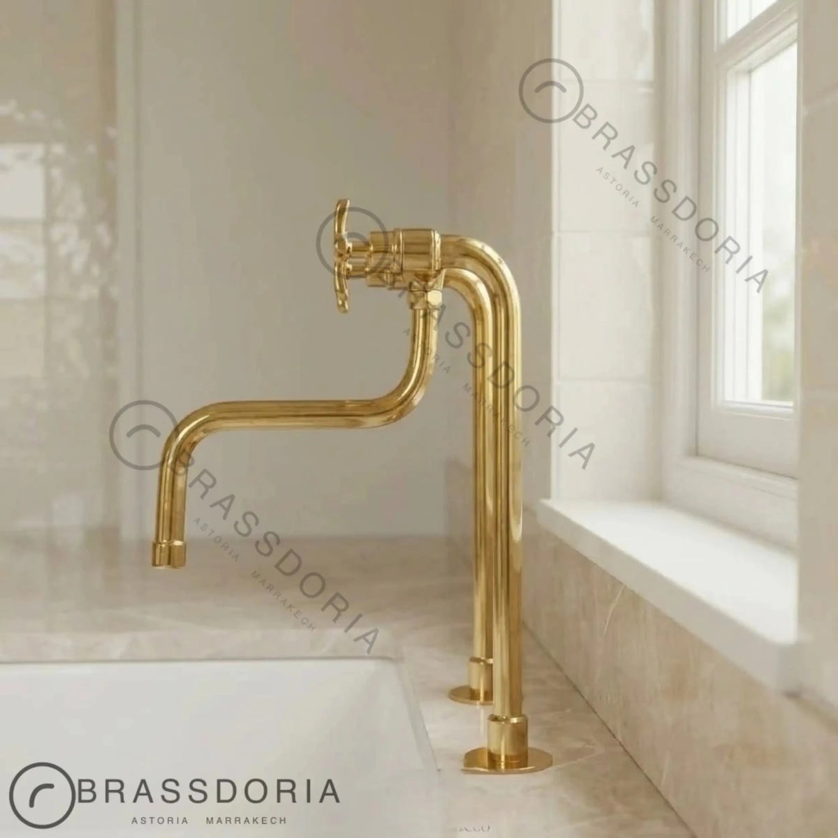 Unlacquered Brass Antique Kitchen Faucet with Long Legs & Cross Handles - BRASSDORIA