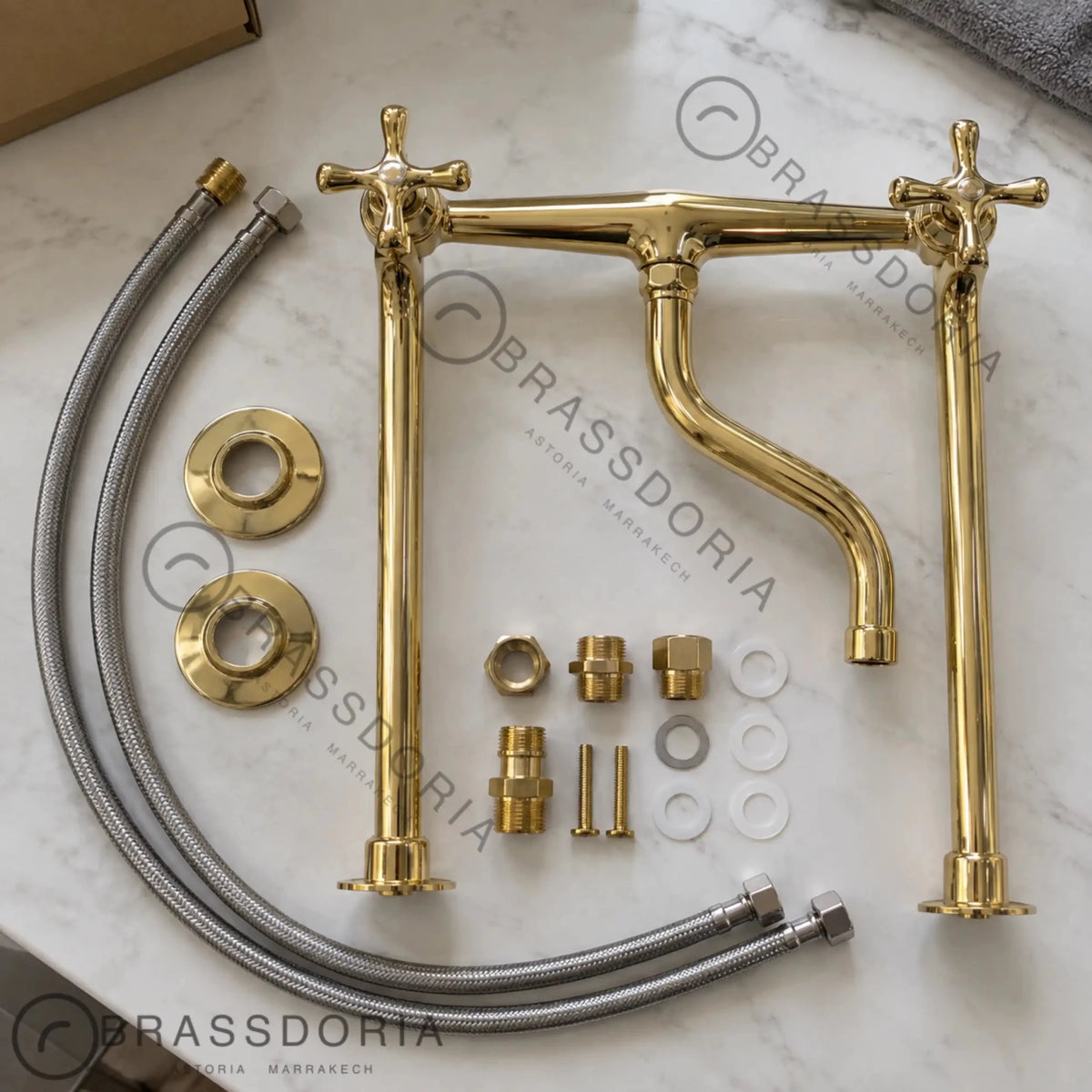 Unlacquered Brass Antique Kitchen Faucet with Long Legs & Cross Handles - BRASSDORIA