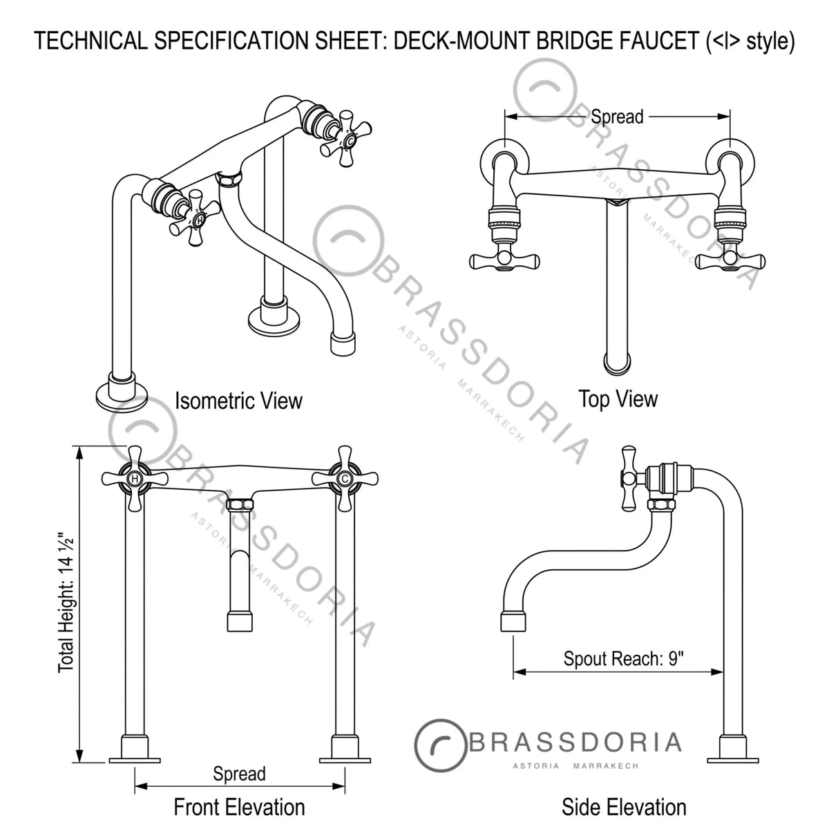 Unlacquered Brass Antique Kitchen Faucet with Long Legs & Cross Handles - BRASSDORIA