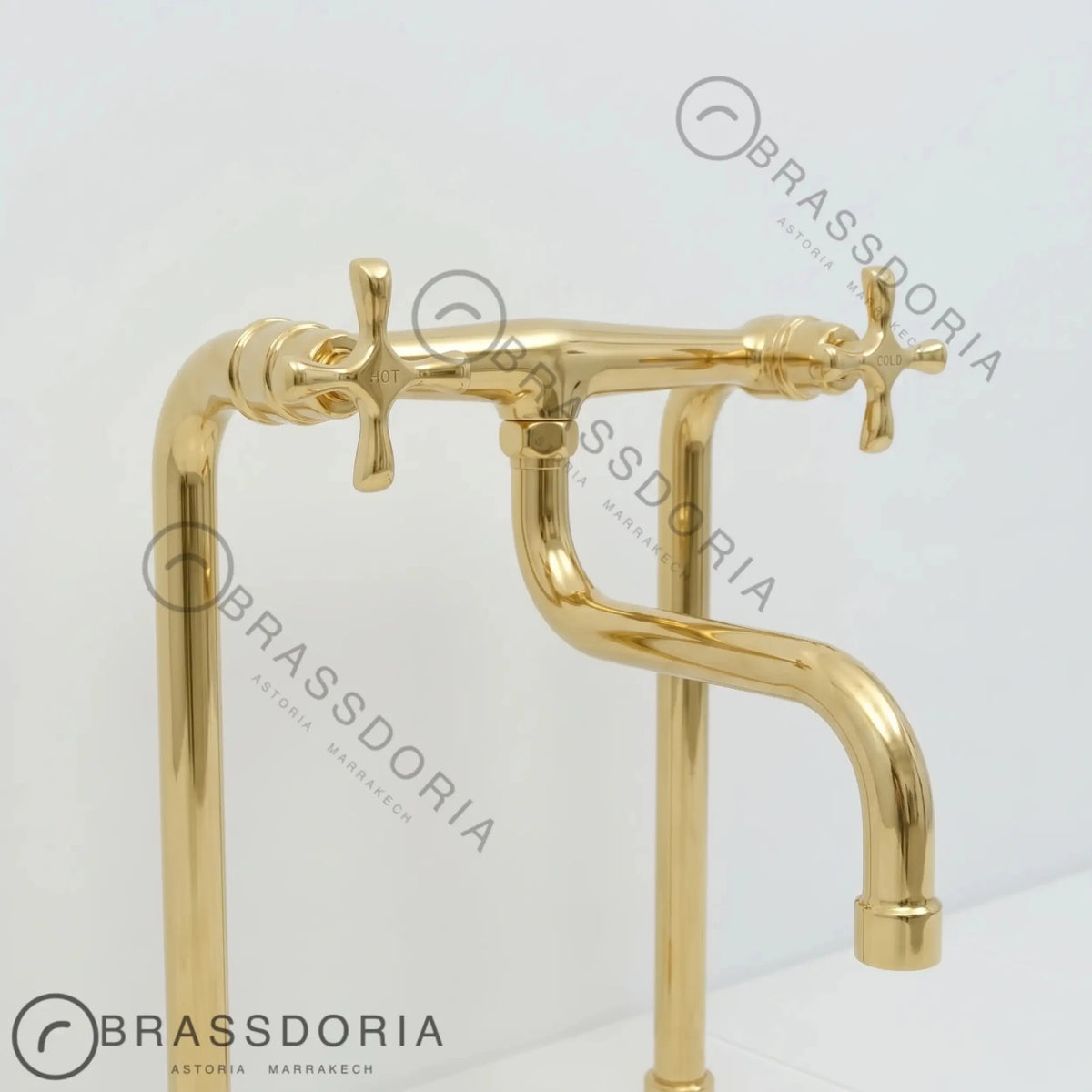 Unlacquered Brass Antique Kitchen Faucet with Long Legs & Cross Handles - BRASSDORIA