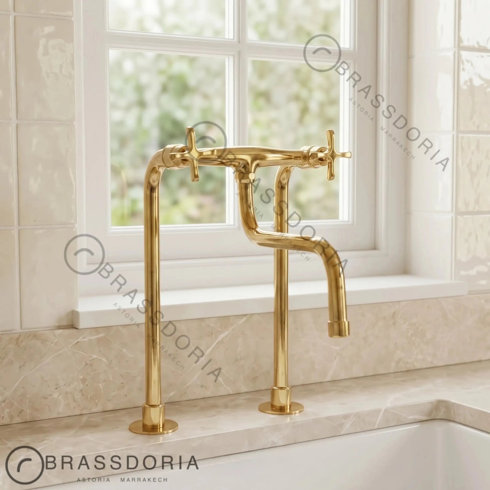 Unlacquered Brass Antique Kitchen Faucet with Long Legs & Cross Handles - BRASSDORIA