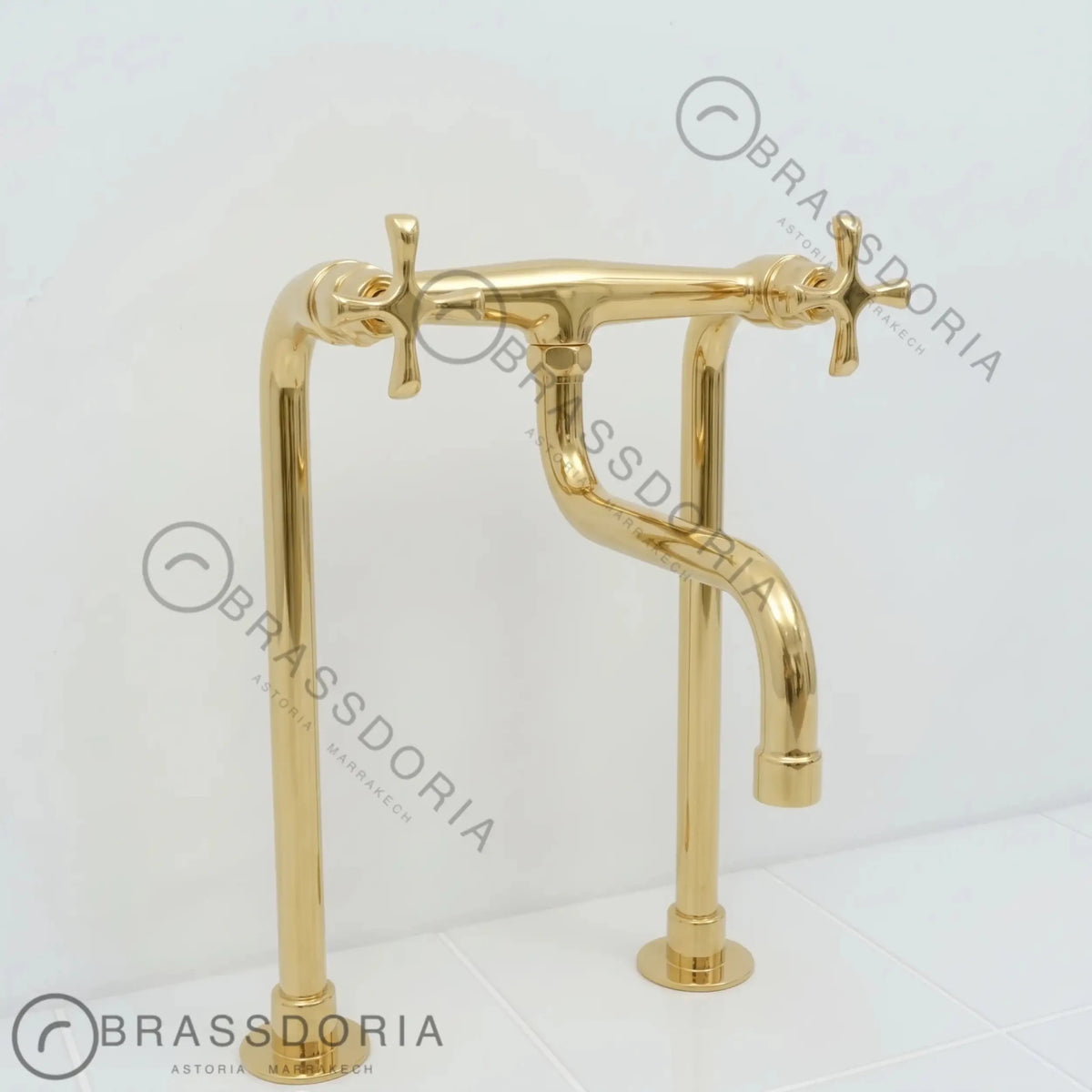 Unlacquered Brass Antique Kitchen Faucet with Long Legs & Cross Handles - BRASSDORIA