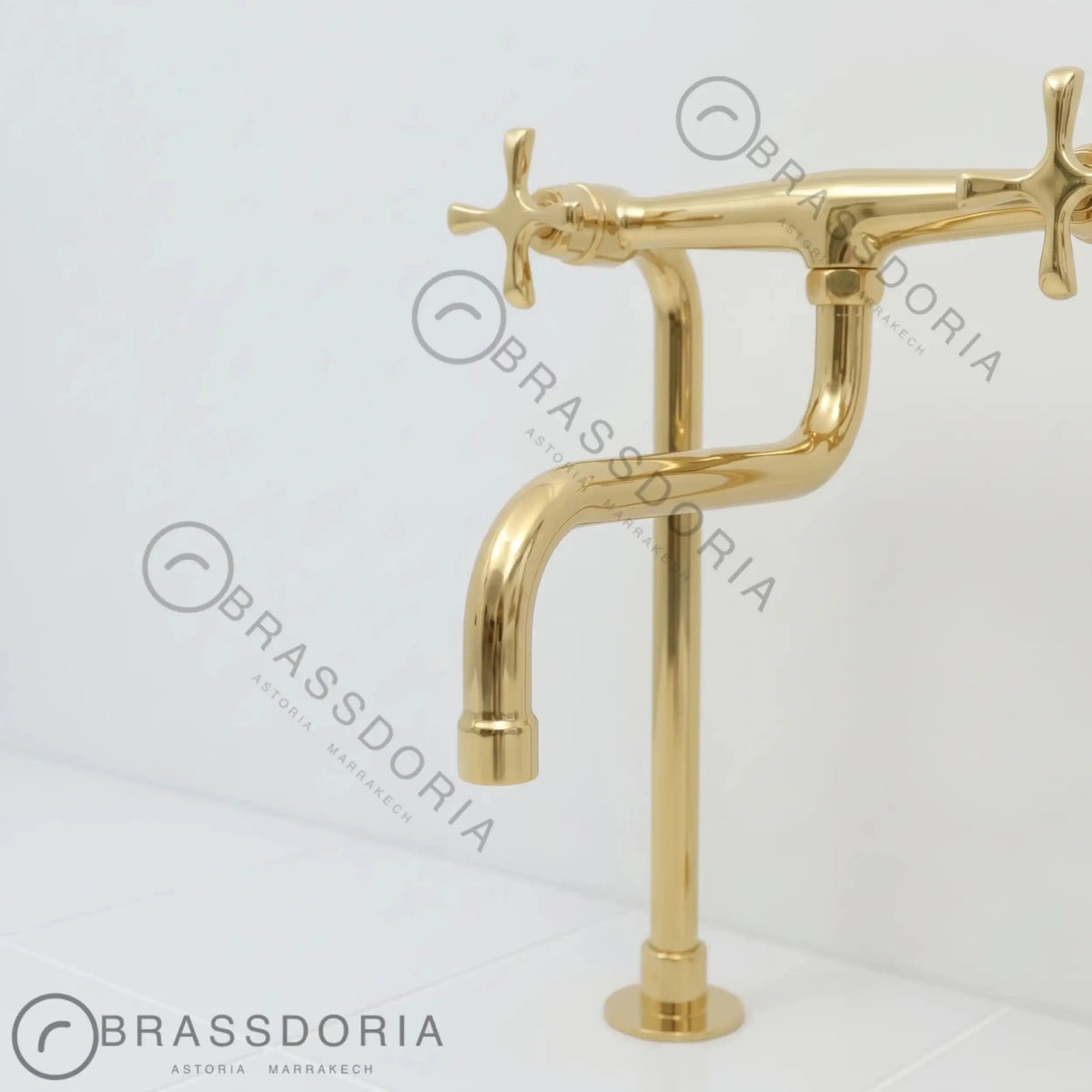 Unlacquered Brass Antique Kitchen Faucet with Long Legs & Cross Handles - BRASSDORIA