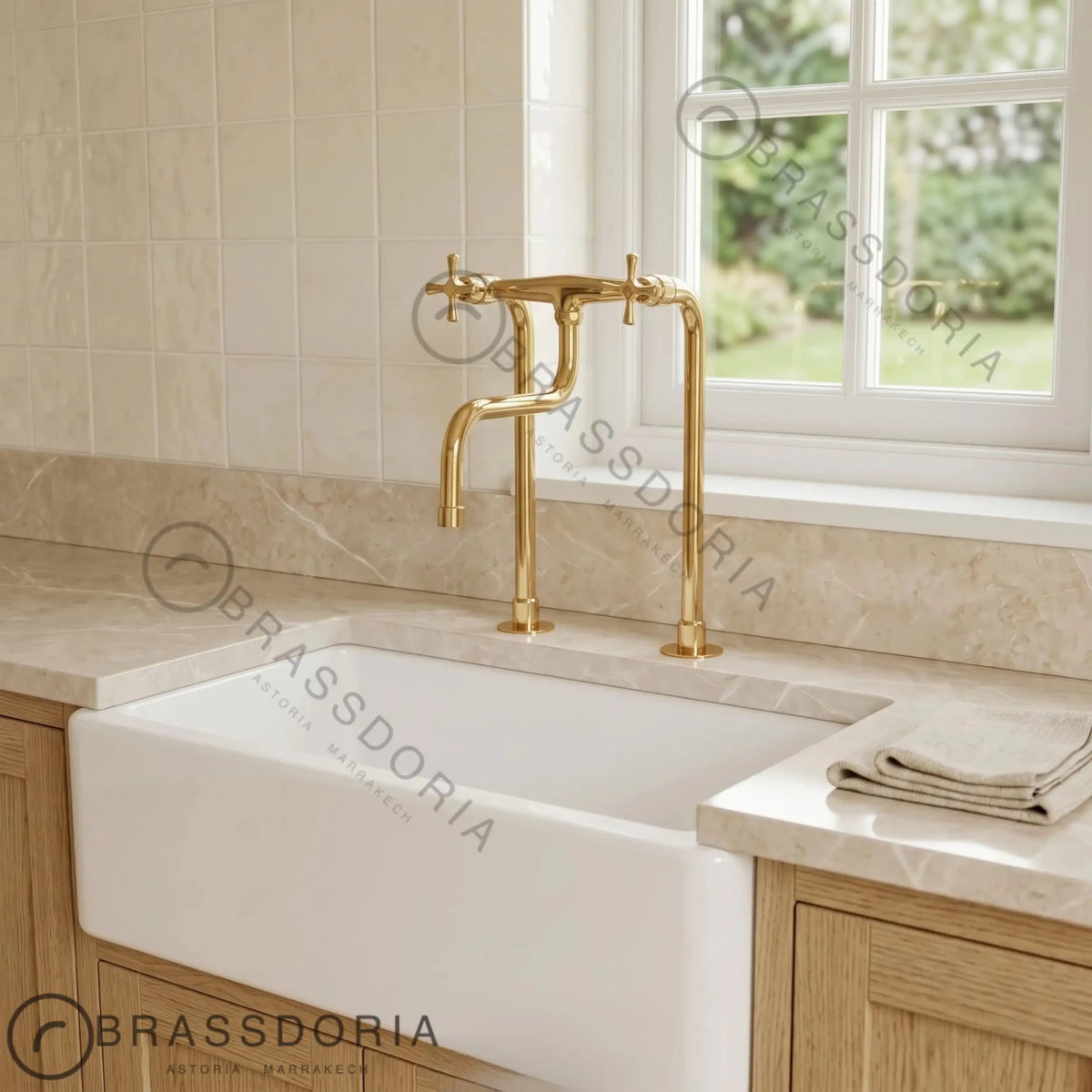Unlacquered Brass Antique Kitchen Faucet with Long Legs & Cross Handles - BRASSDORIA