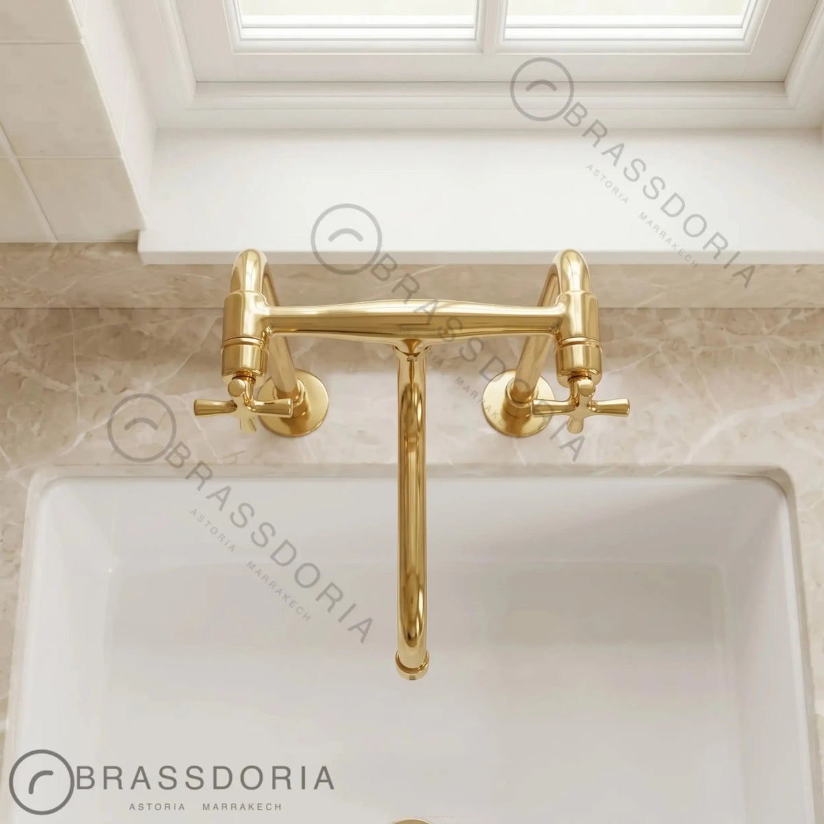 Unlacquered Brass Antique Kitchen Faucet with Long Legs & Cross Handles - BRASSDORIA
