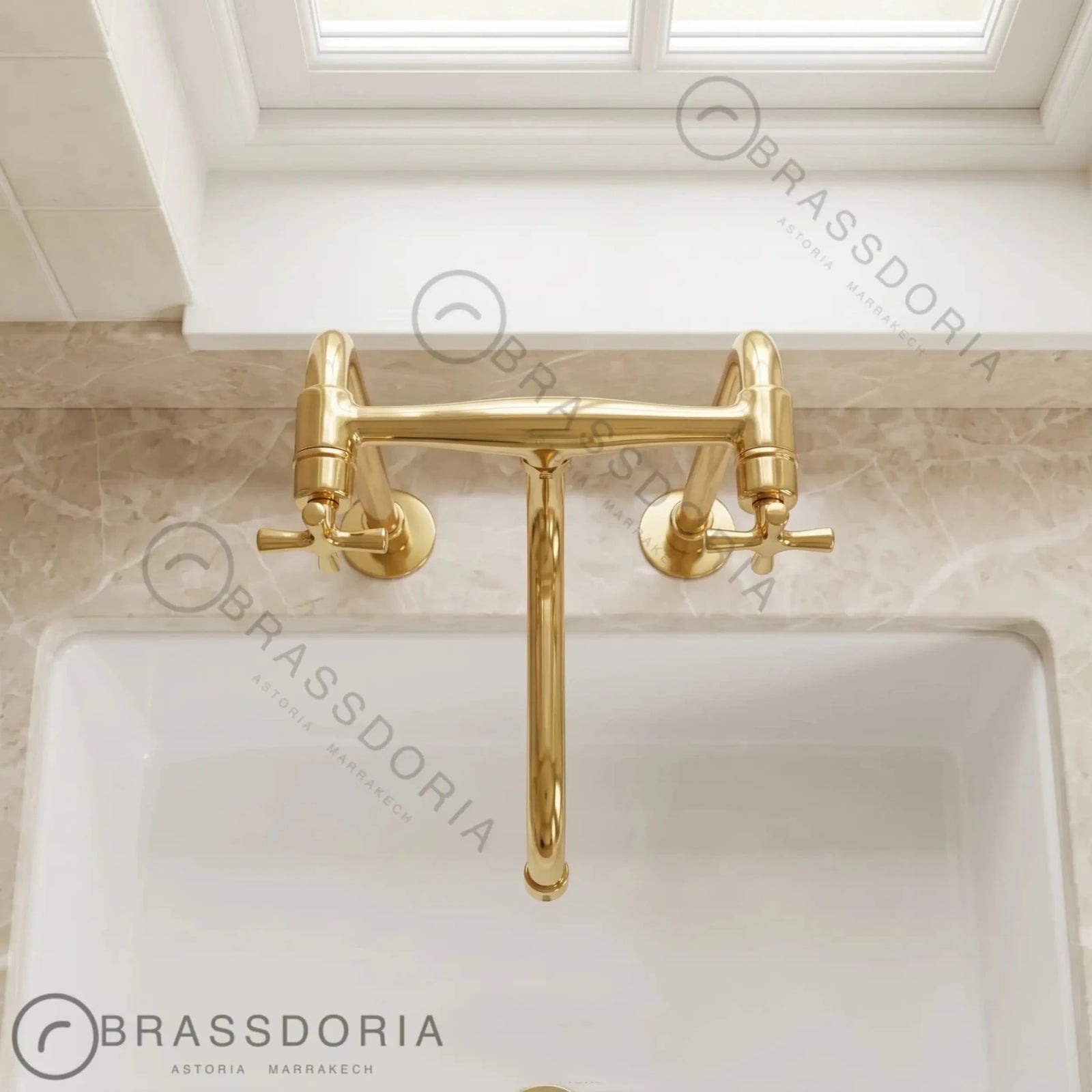 Unlacquered Brass Antique Kitchen Faucet with Long Legs & Cross Handles - BRASSDORIA