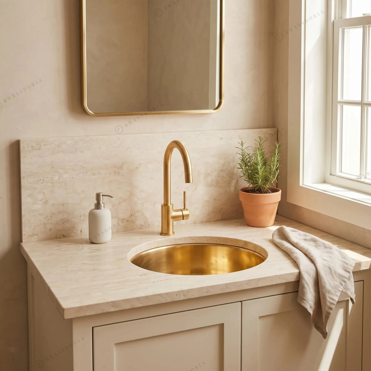 Unlacquered Brass Bar Sink – Undermount Prep Basin with Strainer - BRASSDORIA