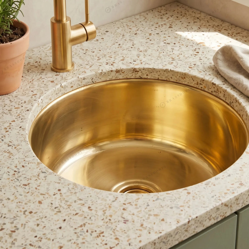 Unlacquered Brass Bar Sink – Undermount Prep Basin with Strainer - BRASSDORIA