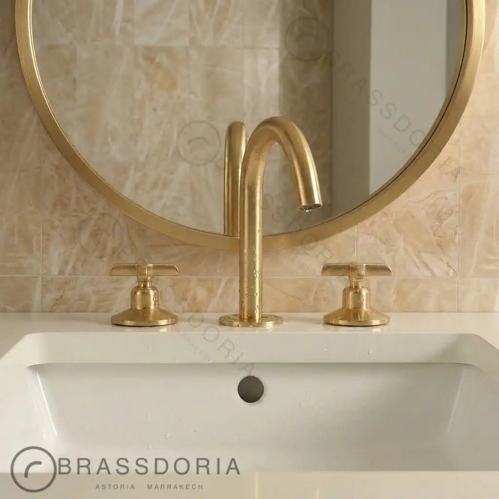 Unlacquered Brass Bathroom Faucet - 3 Holes Widespread Deck Mounted Tap - BRASSDORIA