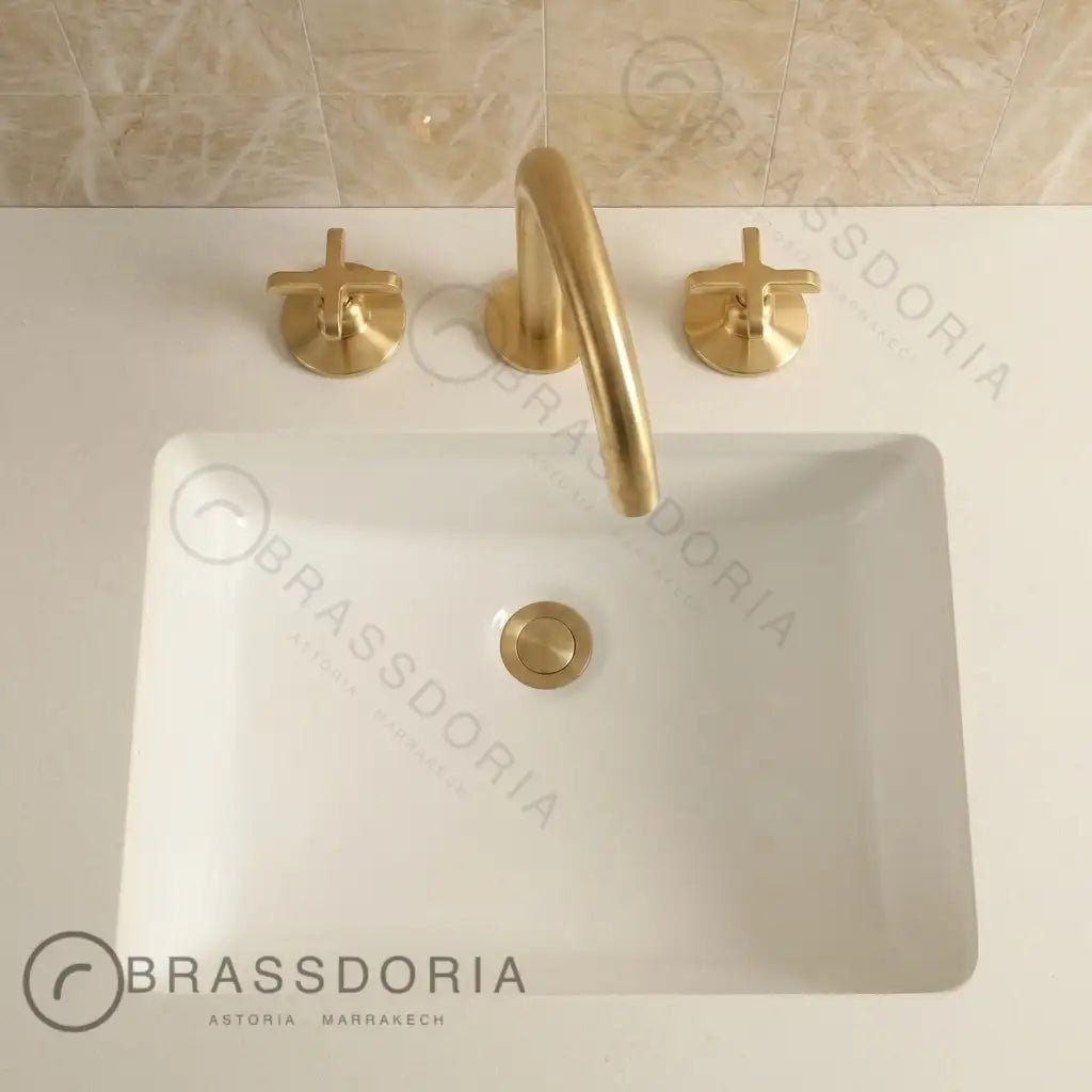 Unlacquered Brass Bathroom Faucet - 3 Holes Widespread Deck Mounted Tap - BRASSDORIA