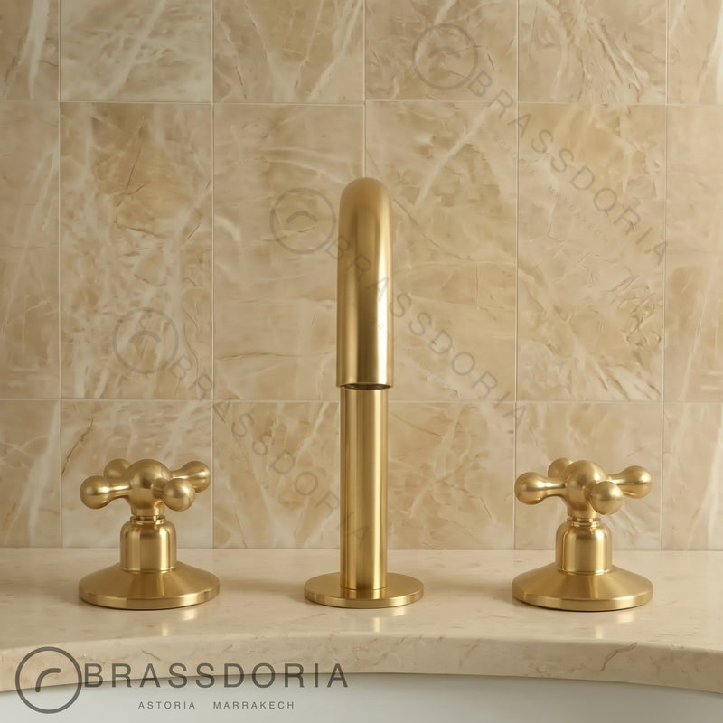 Unlacquered Brass Bathroom Faucet - 3 Holes Widespread Deck Mounted Tap - BRASSDORIA