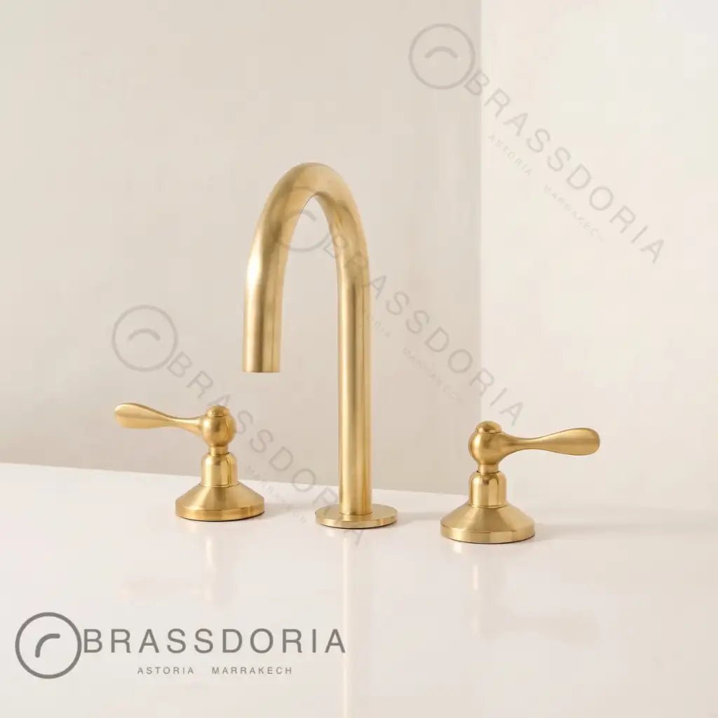 Unlacquered Brass Bathroom Faucet - 3 Holes Widespread Deck Mounted Tap - BRASSDORIA