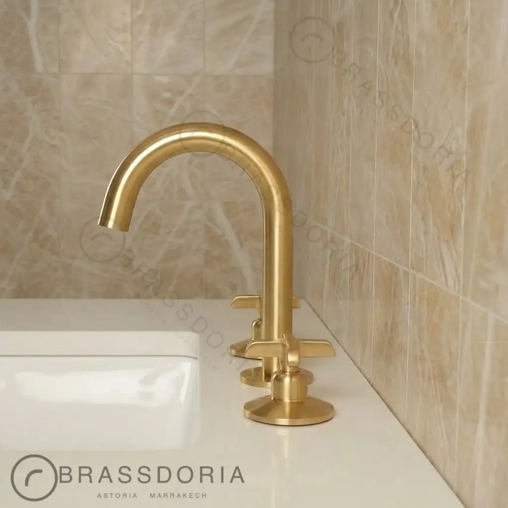 Unlacquered Brass Bathroom Faucet - 3 Holes Widespread Deck Mounted Tap - BRASSDORIA