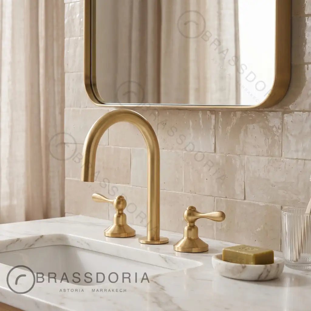 Unlacquered Brass Bathroom Faucet - 3 Holes Widespread Deck Mounted Tap - BRASSDORIA